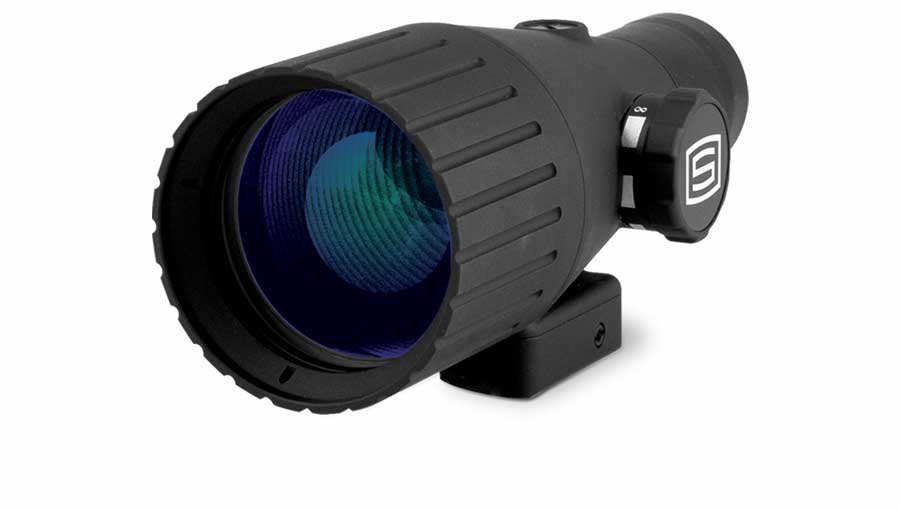 Sector Optics ScopeX4 adapter quadruples the power of most 30mm or 1” scopes by attaching to the end of that size scope tube.